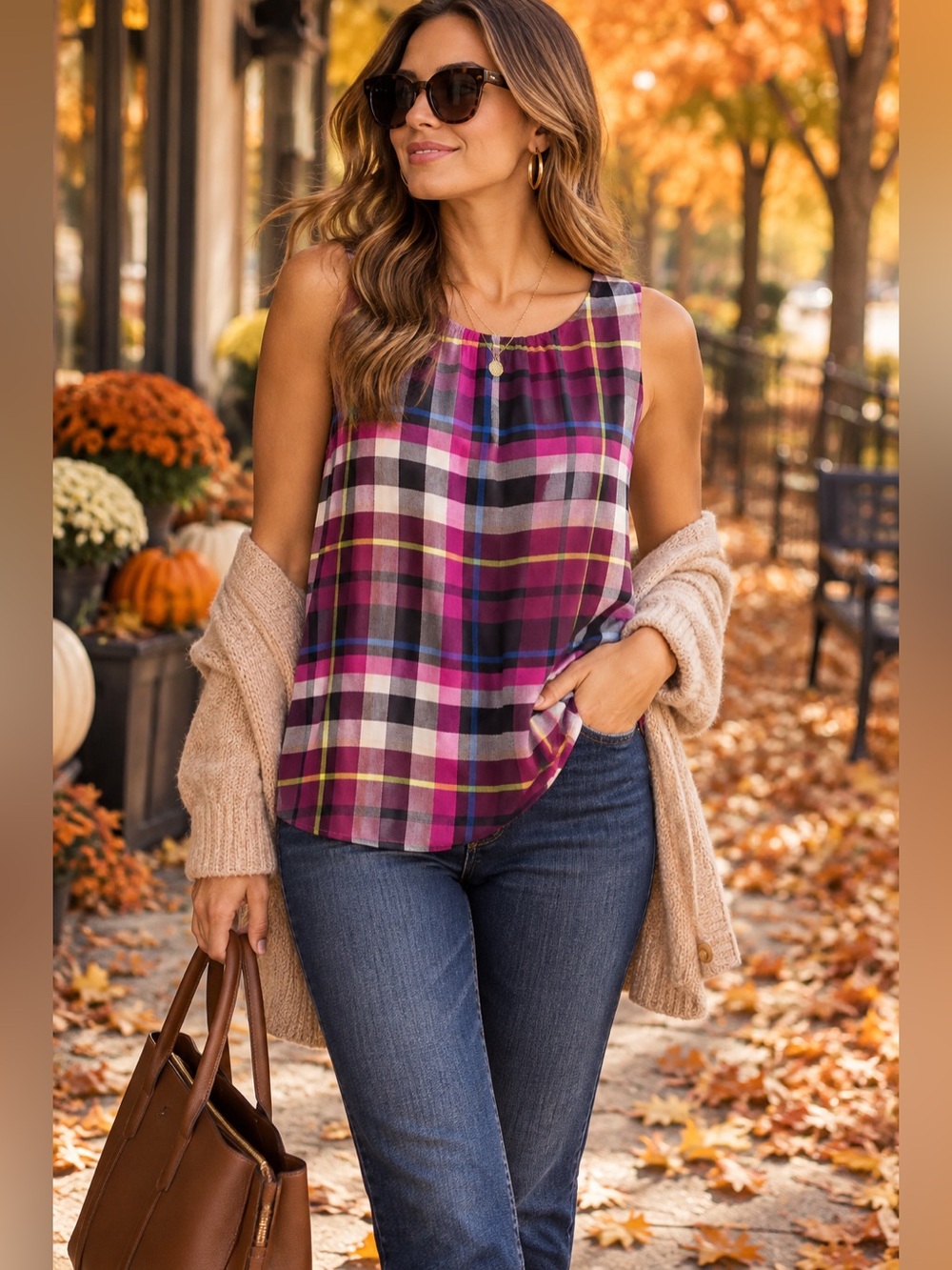 Vince Camuto Plaid Sleeveless Blouse Top Size XL Multicolor Keyhole Back